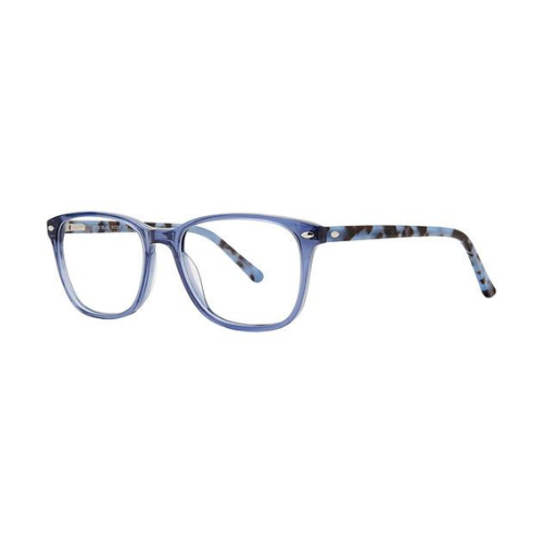 Blue and grey patterned eyeglasses on a white background.