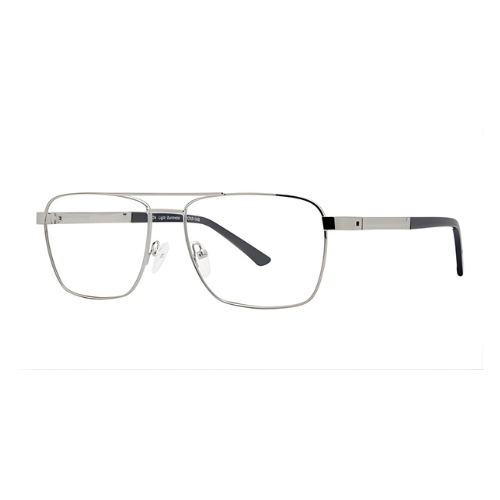 Silver-framed eyeglasses with rectangular lenses and a brow bar.