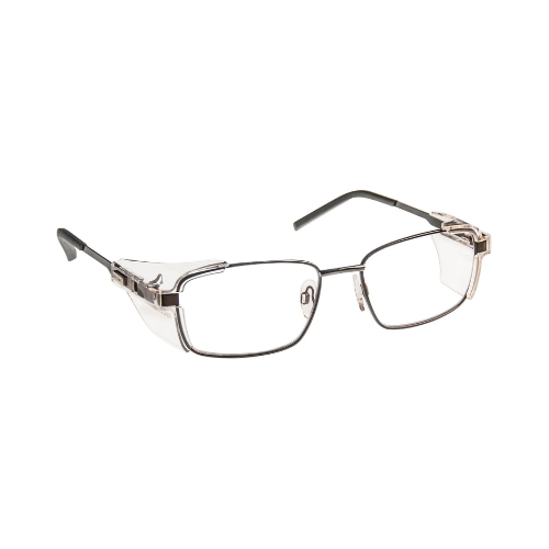 Eyeglasses with transparent side shields, silver frames.