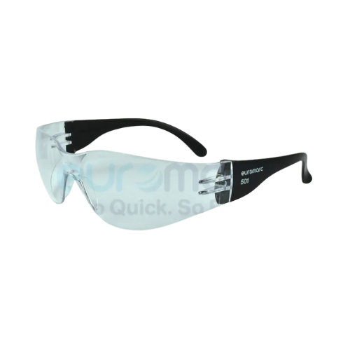 Clear safety glasses with black arms.