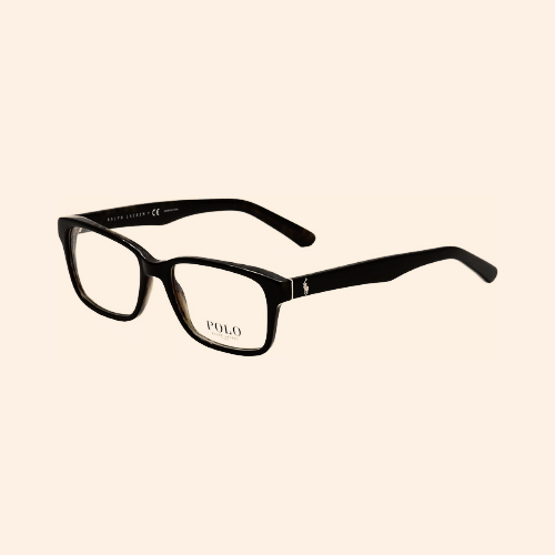 Black rectangular eyeglasses with brown lenses.