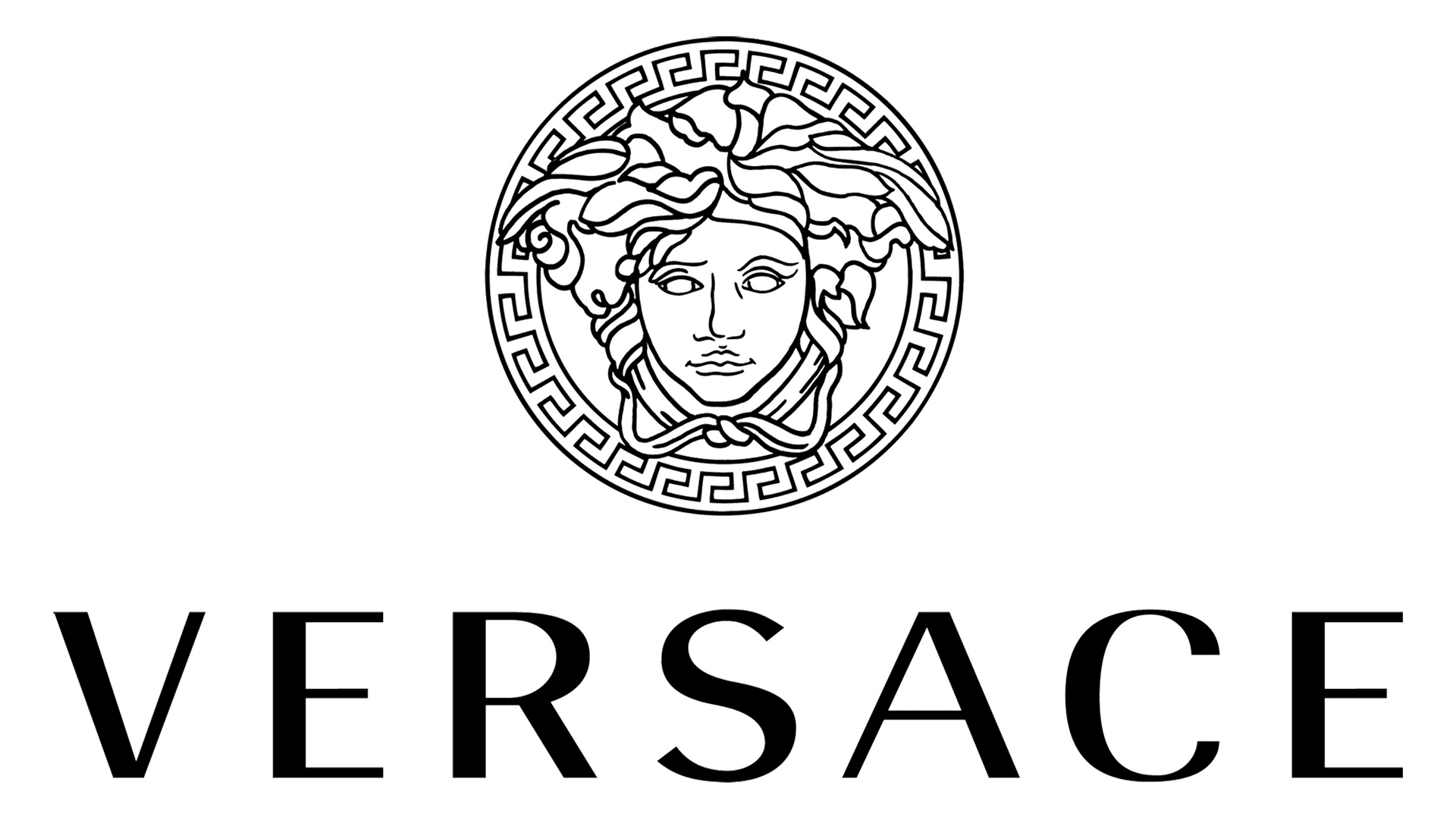 Versace logo: Medusa head within a decorative border above the brand name in white, on a black background.