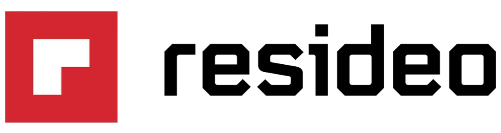 Resideo logo: Red square with a white, L-shaped design, next to the black word