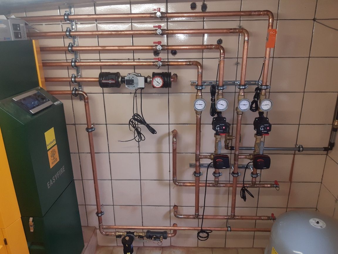 Ein Raum mit einem grünen Heizkessel und Kupferrohren an der Wand