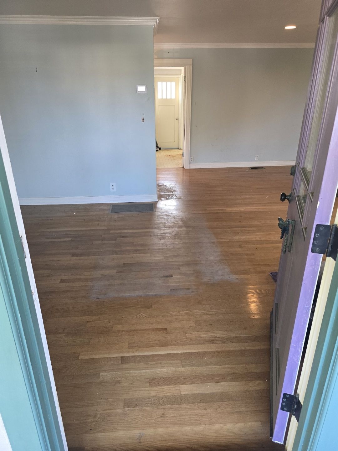 A living room with hardwood floors and a purple door.