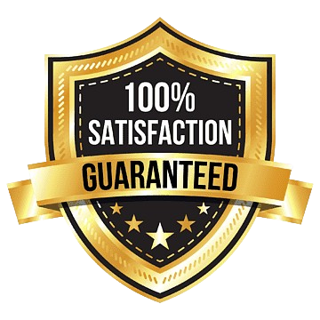 A gold shield with the words `` 100 % satisfaction guaranteed '' written on it.