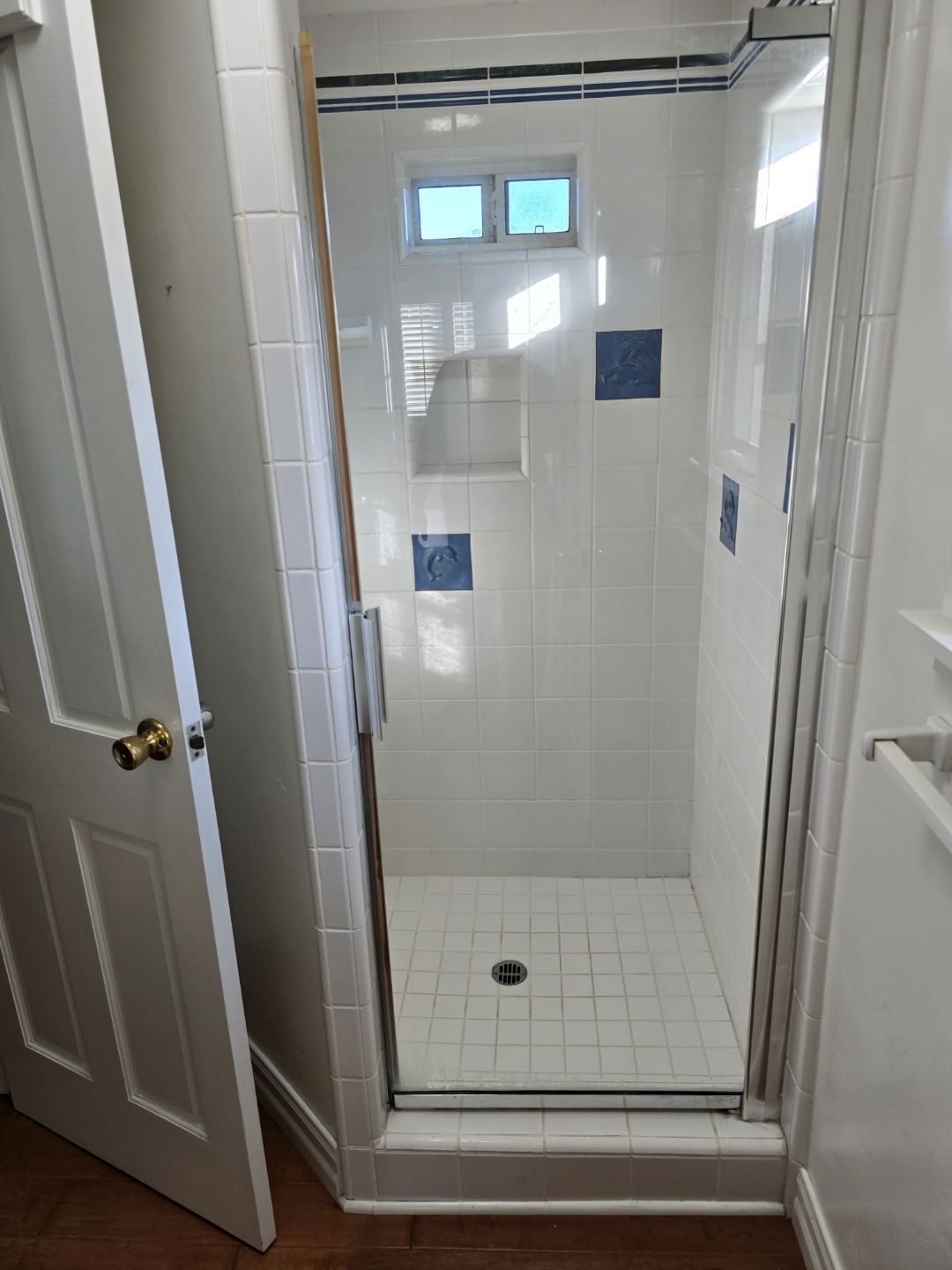 A bathroom with a walk in shower and a door open