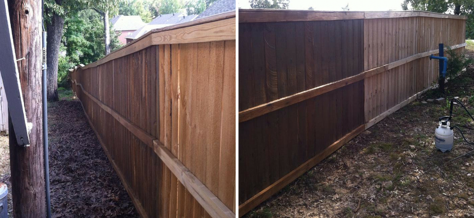 A split-screen comparison showing a wooden fence half-stained with a dark brown finish and half left natural.