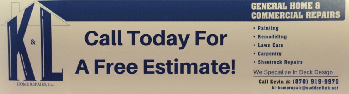 Advertisement for K&L General Home & Commercial Repairs with contact info and a list of services, on a tan background.