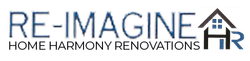 Logo for Re-Imagine Home Harmony Renovations, with text and house icon in dark blue and gray.