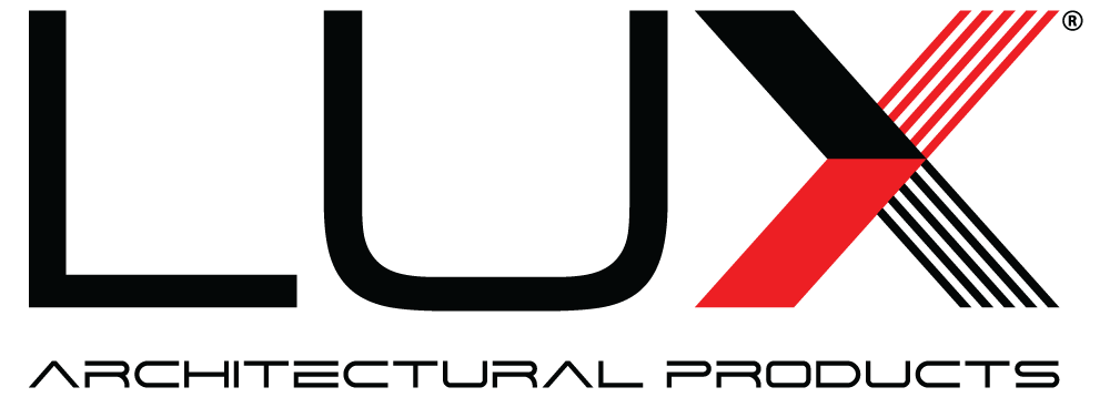 The lux architectural products logo is black and red.