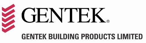 The logo for gentek building products limited is red and black.