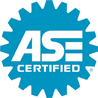 A blue and white logo that says ase certified