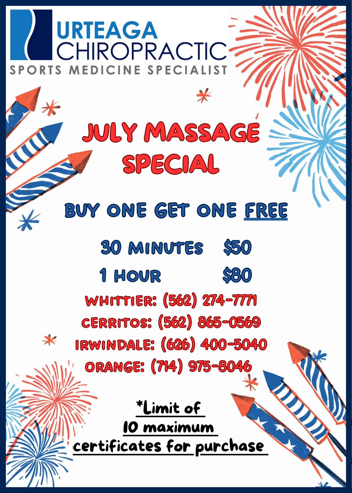 May massage special flyer with flowers: 50% off for all mothers, 30 minutes $25 or 1 hour $40.