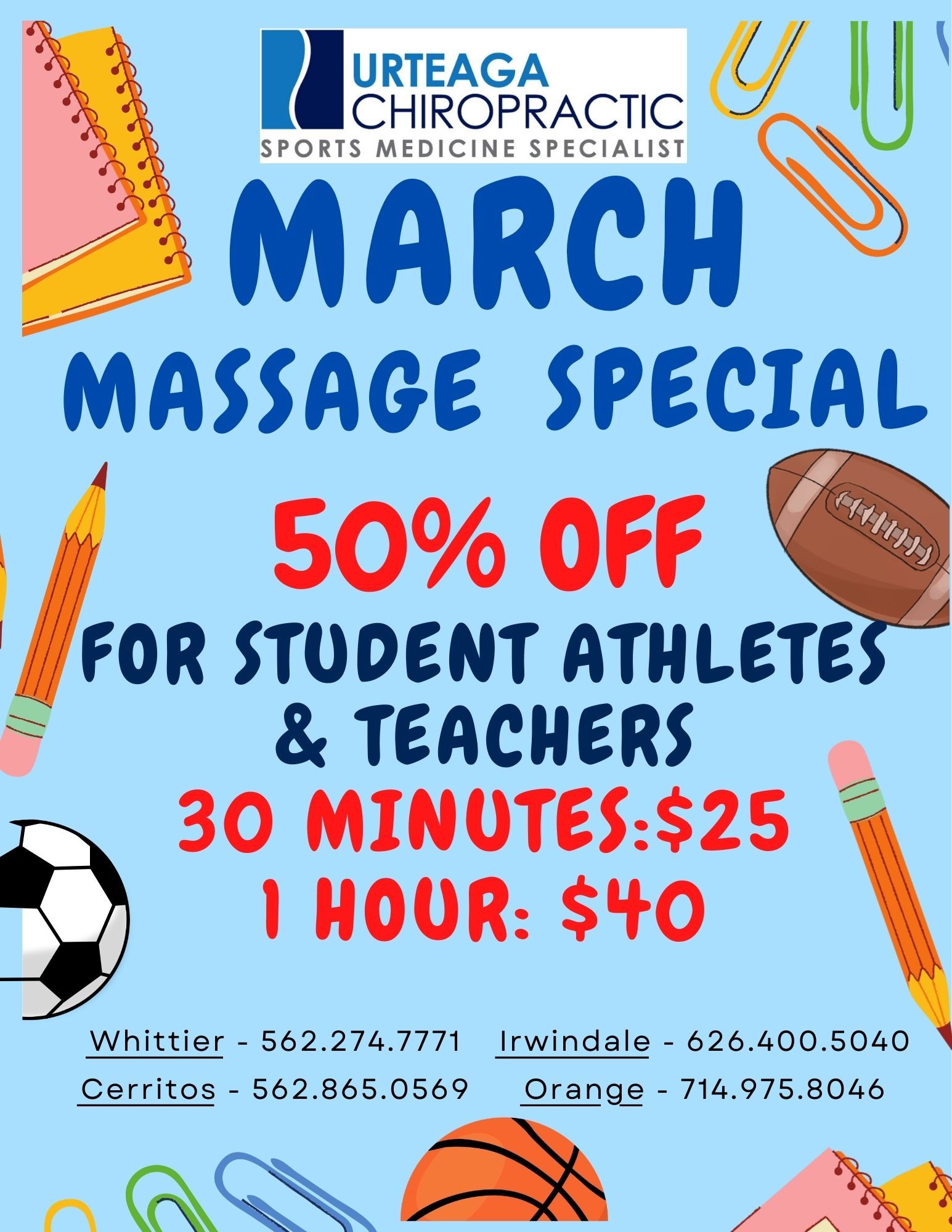 Advertisement for Urteaga Chiropractic's December massage therapy special: buy one get one free.