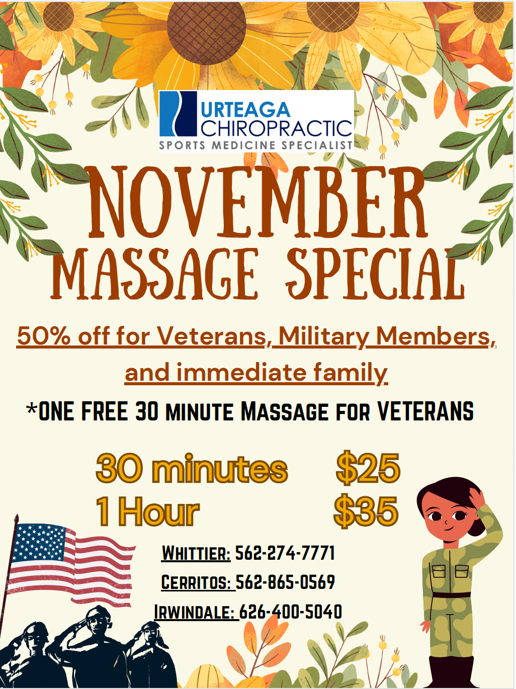 Flyer for Urteaga Chiropractic's November massage special. Discounts for veterans and military.