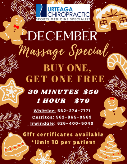 Advertisement for Urteaga Chiropractic's December massage therapy special: buy one get one free.