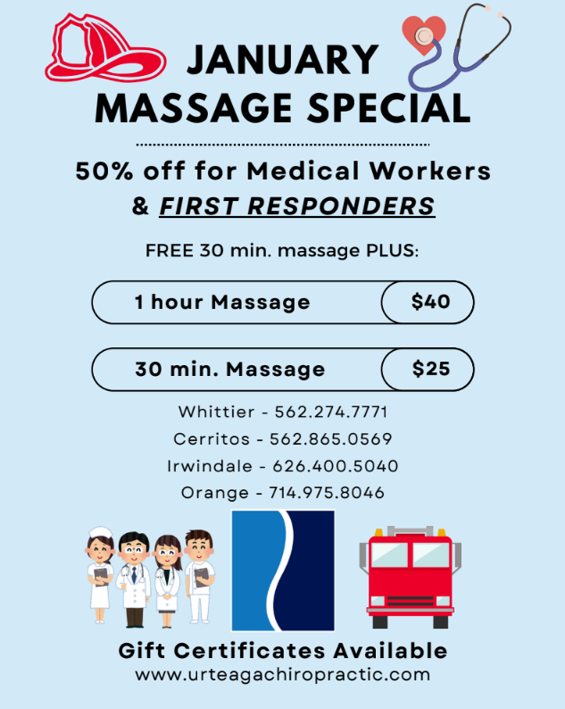 Advertisement for Urteaga Chiropractic's December massage therapy special: buy one get one free.
