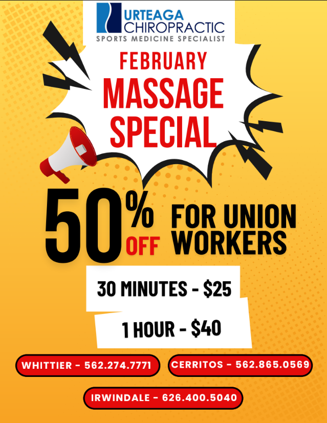Advertisement for Urteaga Chiropractic's December massage therapy special: buy one get one free.