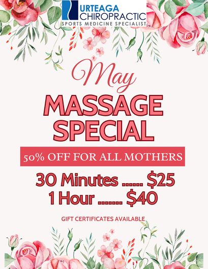 May massage special flyer with flowers: 50% off for all mothers, 30 minutes $25 or 1 hour $40.