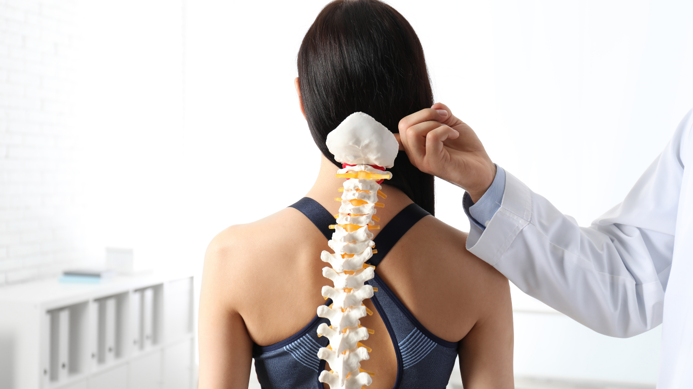 Doctor examines a woman's spine with a model spine overlay. Bright room, white coat.