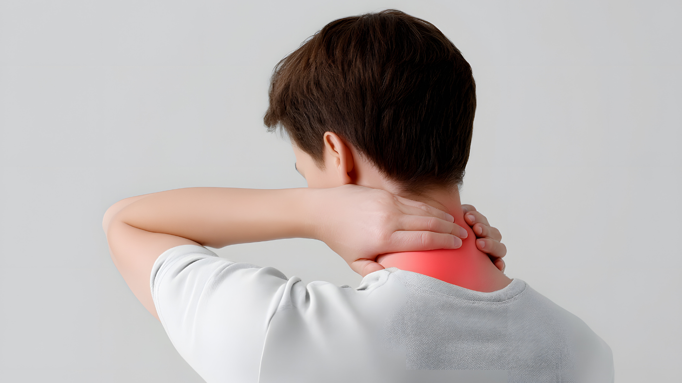 Person holding neck, indicating pain. Red highlight on neck suggests injury.