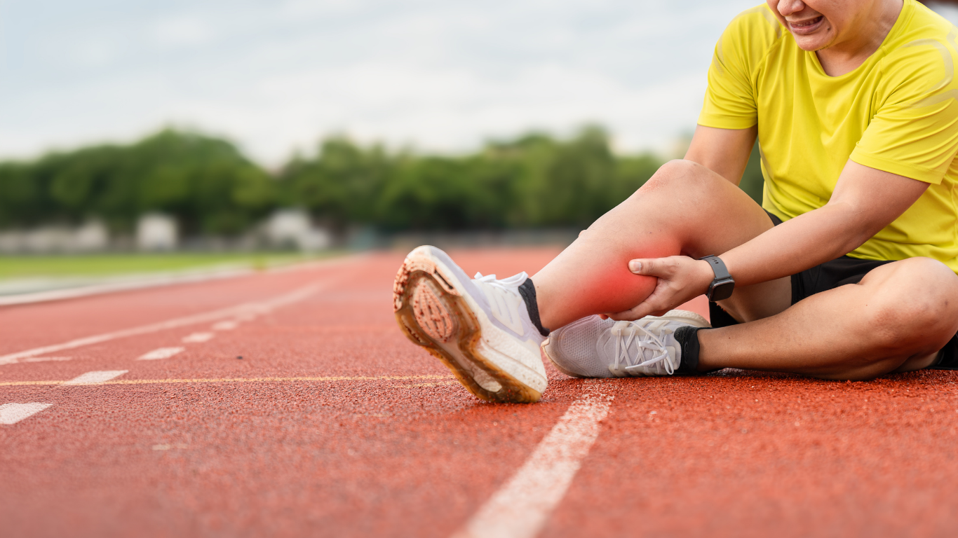 Person on a track clutching their leg in pain; red area indicates injury.