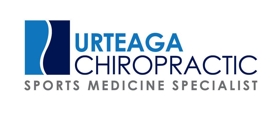 Logo for Urteaga Chiropractic, sports medicine specialist. It features blue and navy block with a spine-like image.