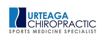 Logo for Urteaga Chiropractic, sports medicine specialist. It features blue and navy block with a spine-like image.
