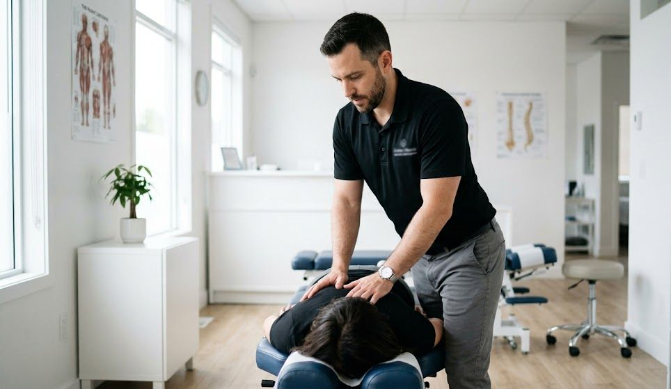 A professional chiropractor in a black polo shirt performs a spinal adjustment on a patient lying on a treatment table.