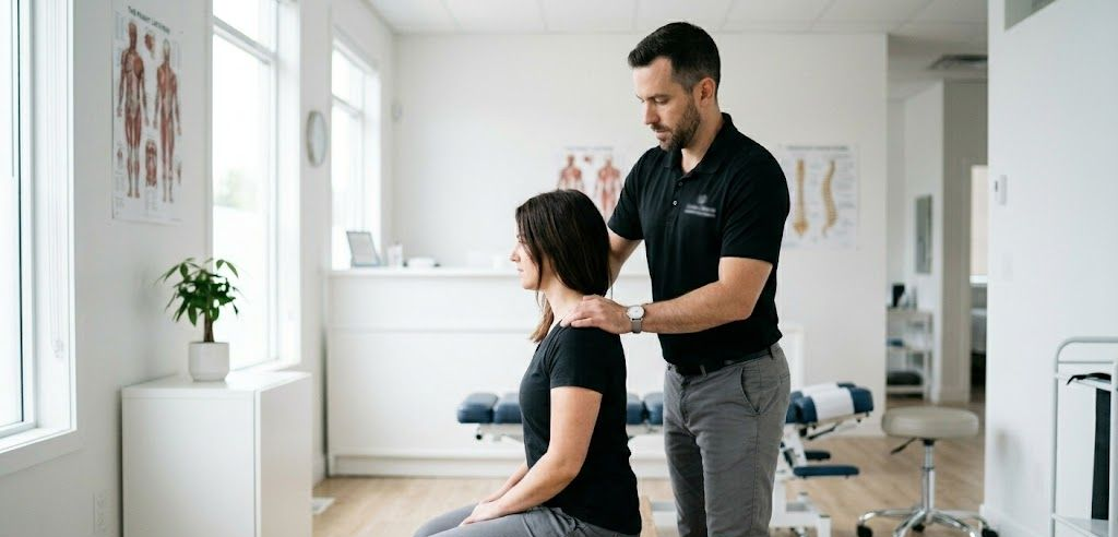A practitioner in a black polo shirt performs a shoulder adjustment on a patient seated in a clinical office setting.