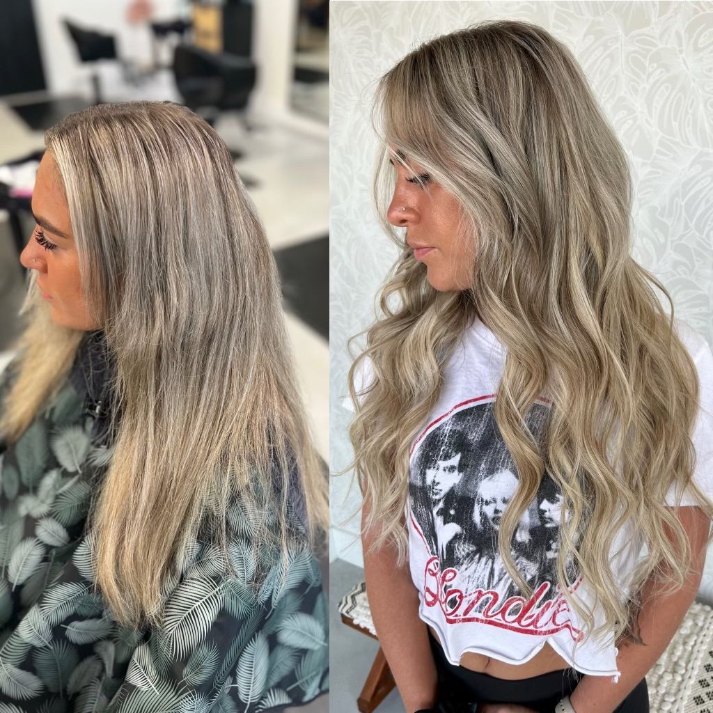 A before and after photo of a woman 's hair.