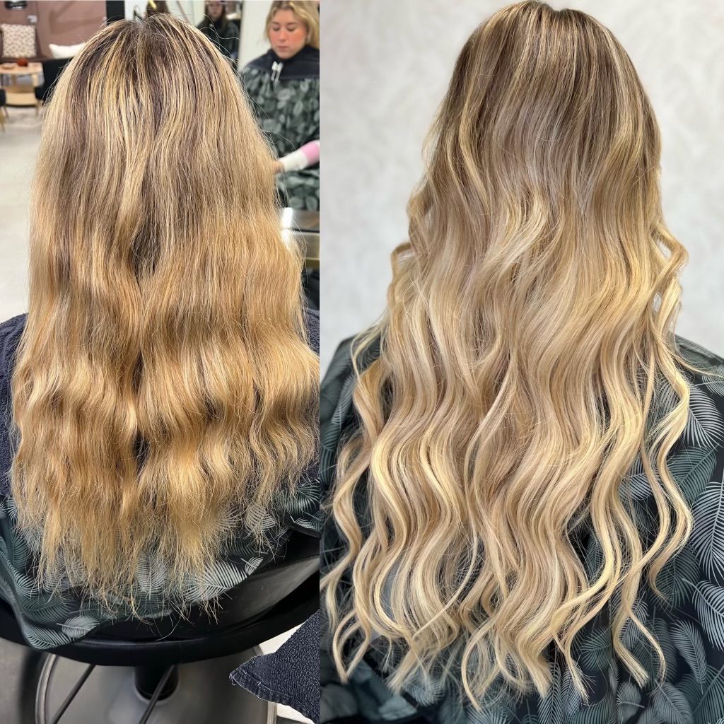 A before and after photo of a woman 's hair.