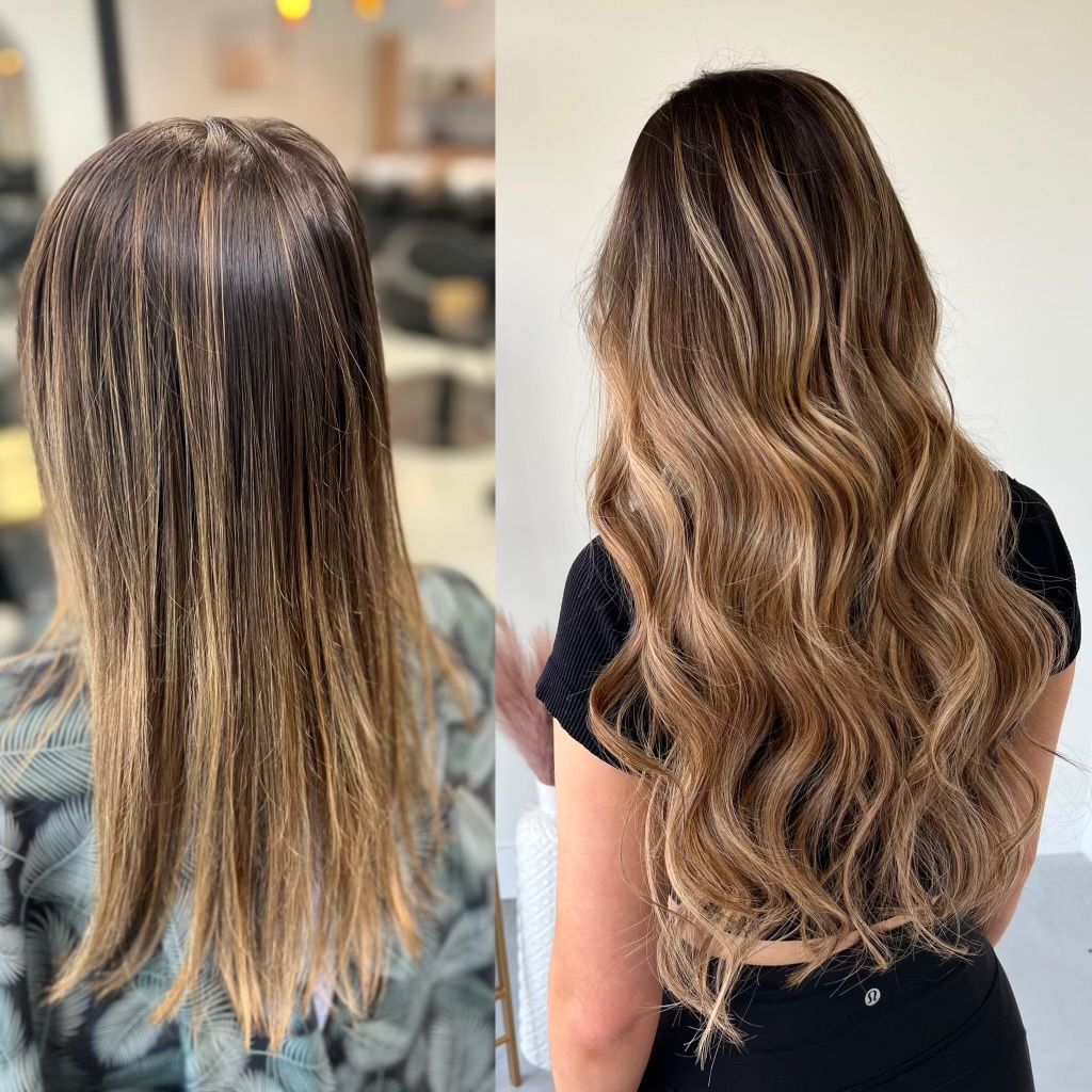 A before and after photo of a woman 's hair.