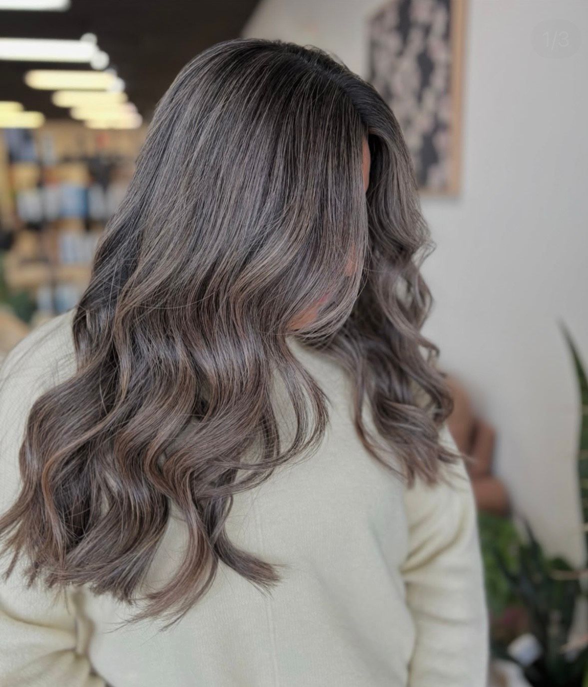 ashy haircolor, customized haircolor, brunette hair, grey blending hair color 