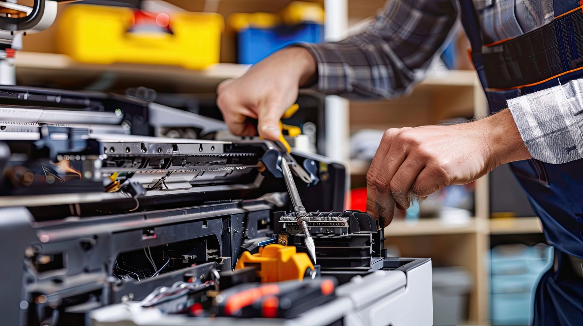 Person repairing a scanner with tools in a workshop.