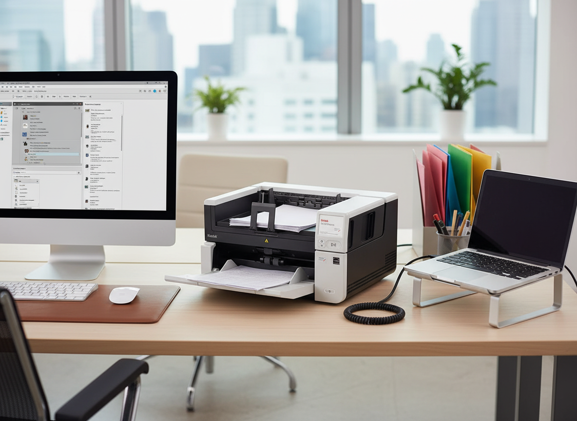 Office desk with printer, monitor, laptop, and colorful file folders.