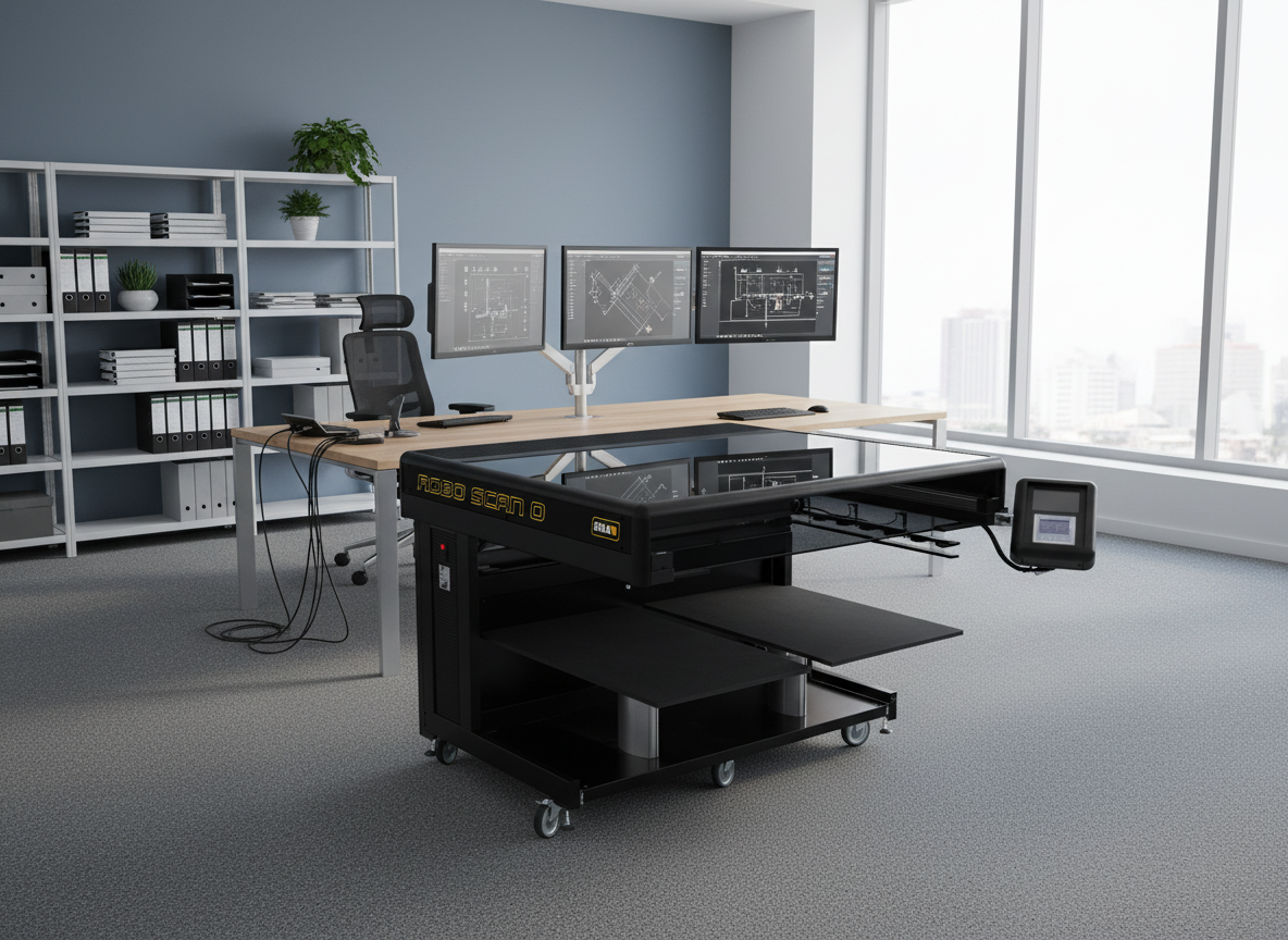 Office with a workstation featuring a ROBO SCAN 0 Scanner, three monitors, shelves, and a large window.