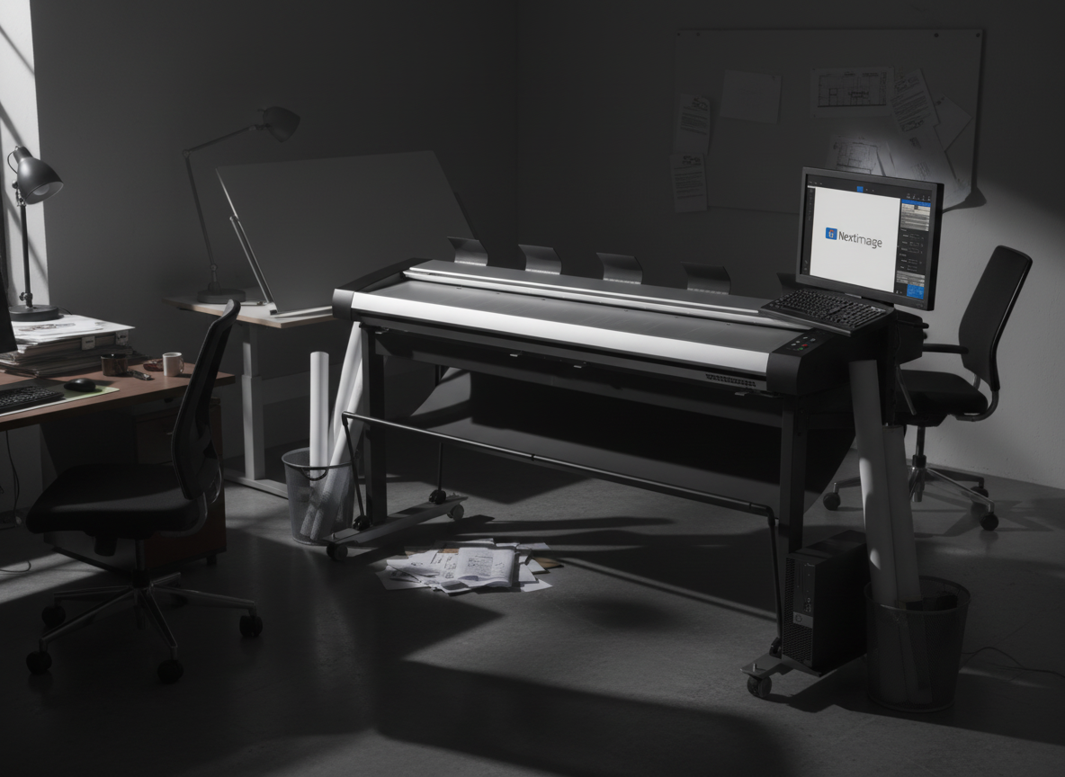 An office with a large-format printer, computer, desk, and drafting table.