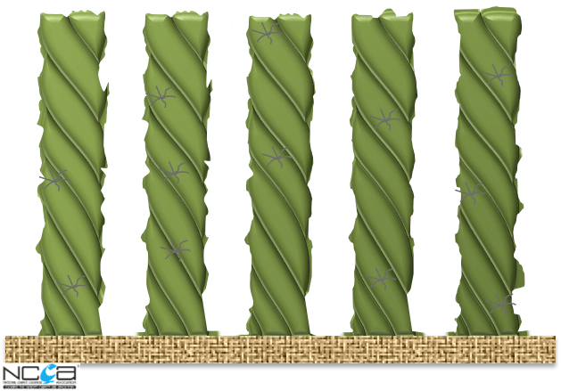 A picture of a fence made of green twisted rope