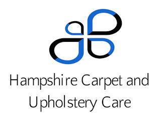 The logo for hampshire carpet and upholstery care is blue and black.