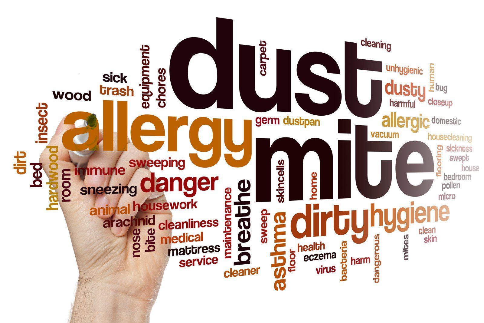 A hand is writing the word dust allergy mite with a marker.