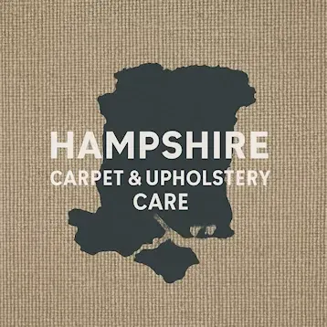 The logo for hampshire carpet and upholstery care is blue and black.