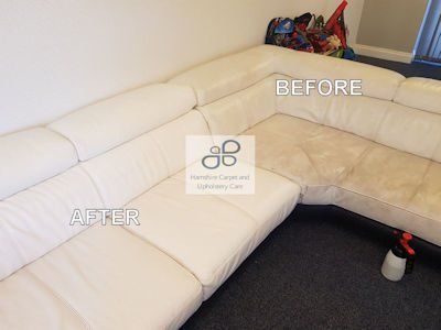 A before and after picture of a white leather couch in a living room.