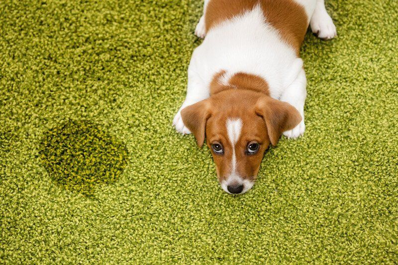 A brown and white puppy is laying on a green carpet next to a wet spot.