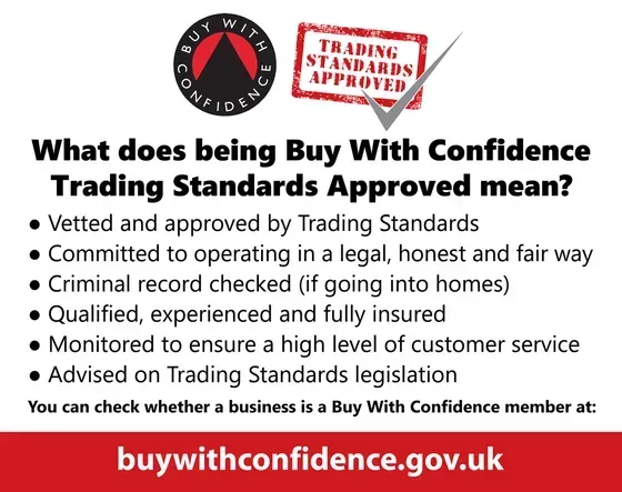 A poster explaining what being buy with confidence trading standards approved mean
