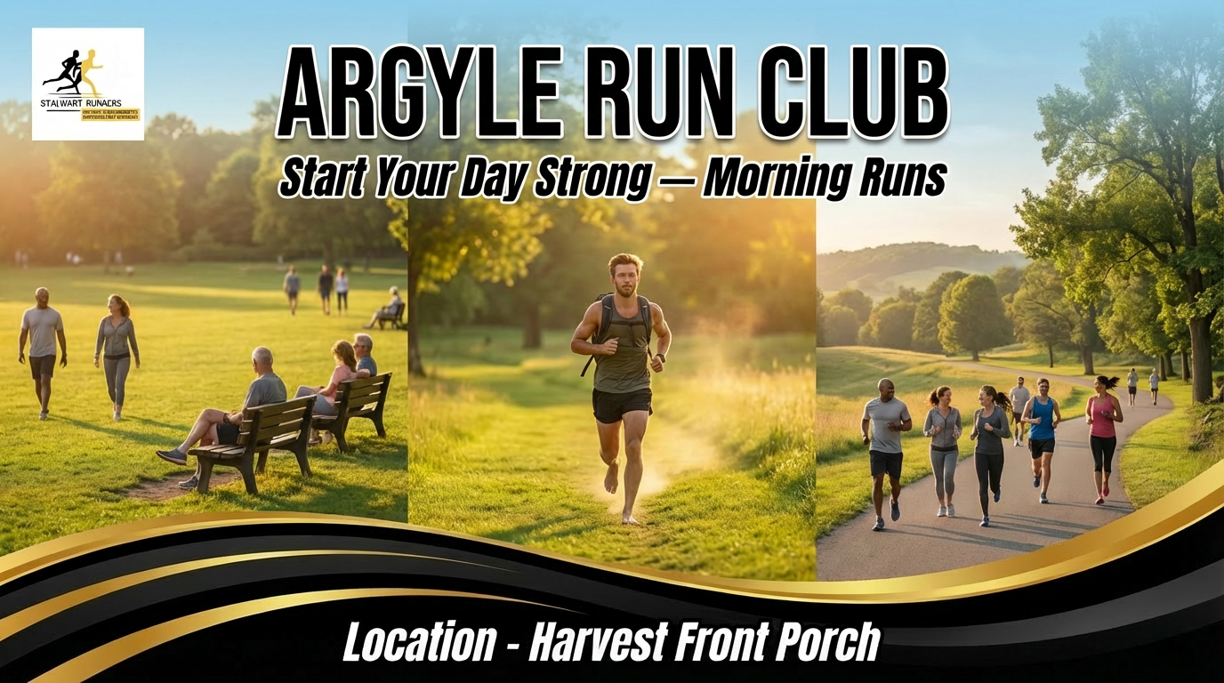 Argyle Run Club: runners in a park at sunrise. 