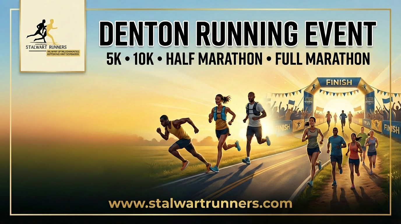 Denton Running Event  races include 5K, 10K, half, and full marathon.