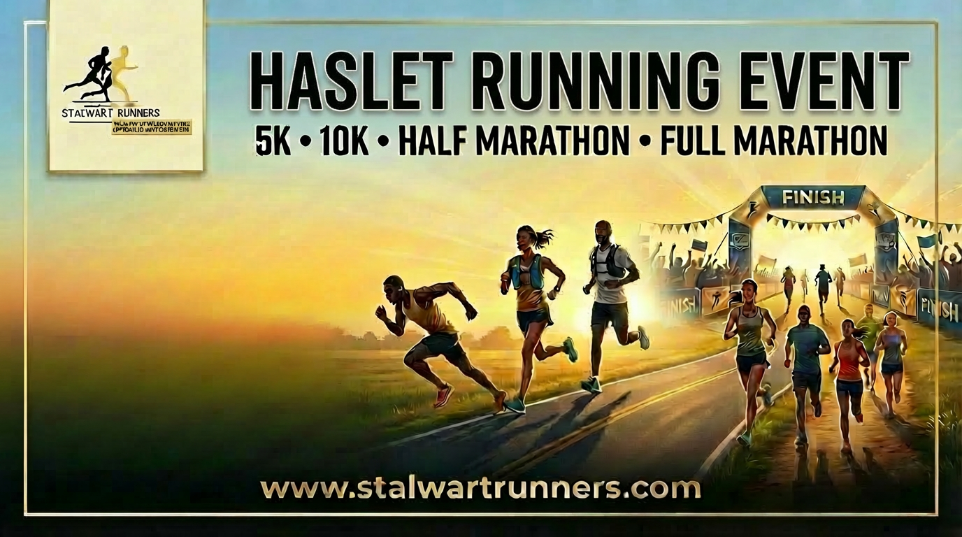 Banner ad for Haslet Running Event; runners on a road towards a finish line arch; includes distances.