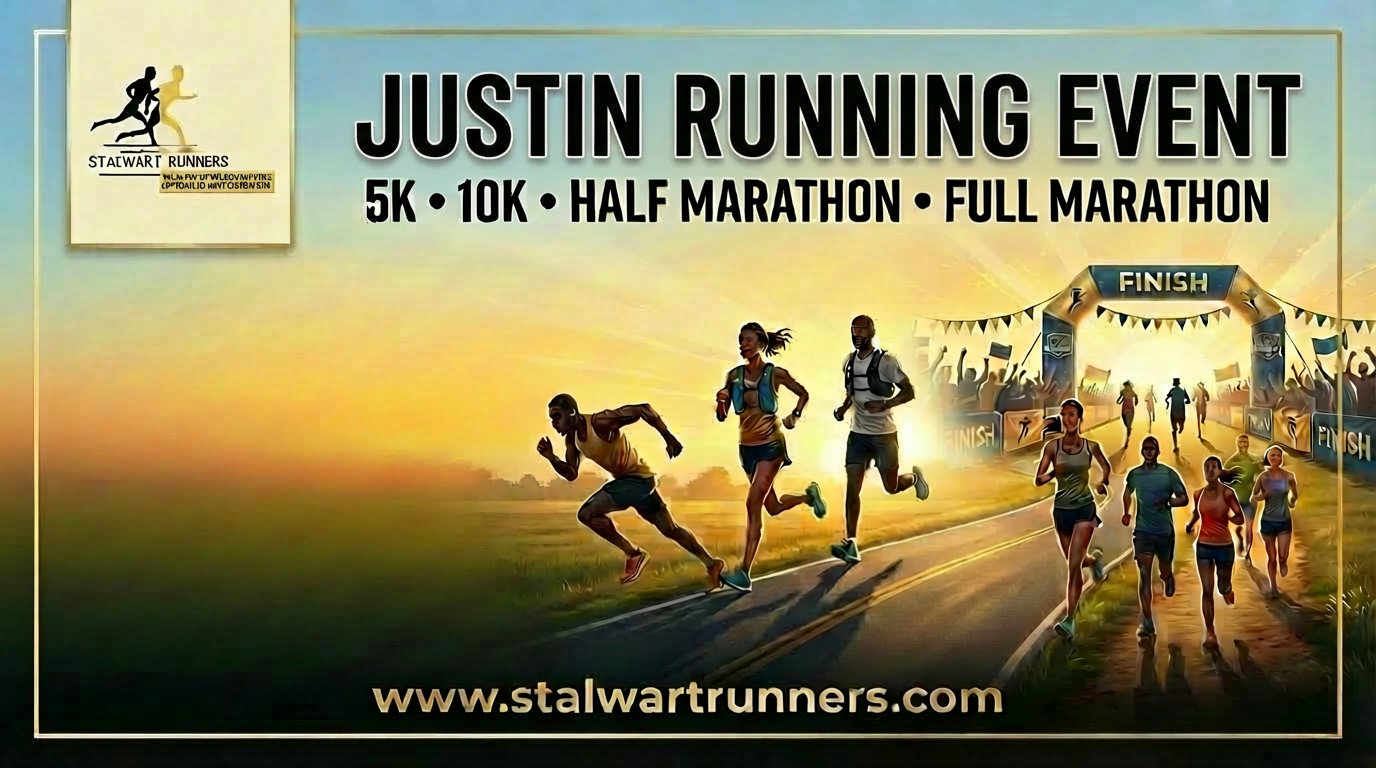 Running Justin : runners on road, finish line in distance. Options: 5K, 10K, half & full marathon. Website: stalwartrunners.com.